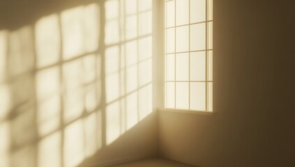 Sunlight streams through windows casting shadows on a minimalist room's walls and floor.