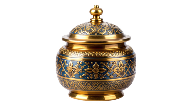 Ornate gold and blue decorative bowl isolated on transparent background