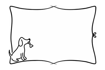 Black outline dog holding bone inside decorative frame