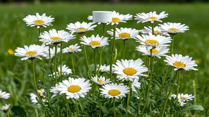 A park with a field of daisies, a product rising subtly from the flowers, fresh and clean with copy space on the left. © Preecha