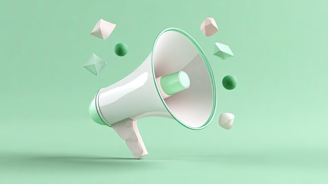 A sleek minimalist white megaphone emitting 3D geometric icons in soft pastel tones representing digital communication scattered across - Powered by Adobe