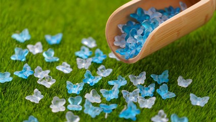 blue and white butterfly decorations on a grassy surface.