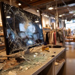Damaged point of sale screen in a store, revealing cracks and malfunctioning electronics.