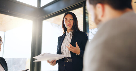 Woman, talk and meeting with document in office for planning, legal information and proposal....