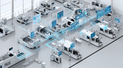 Futuristic Smart Factory with Automated Industrial Machines and Digital Interfaces