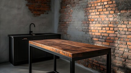 Rustic Industrial Kitchen Dark Wood Table and Black Cabinets Against Exposed Brick Wall