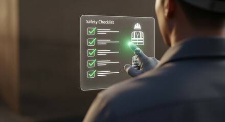 Construction Worker Interacting with Futuristic Digital Safety Checklist UI
