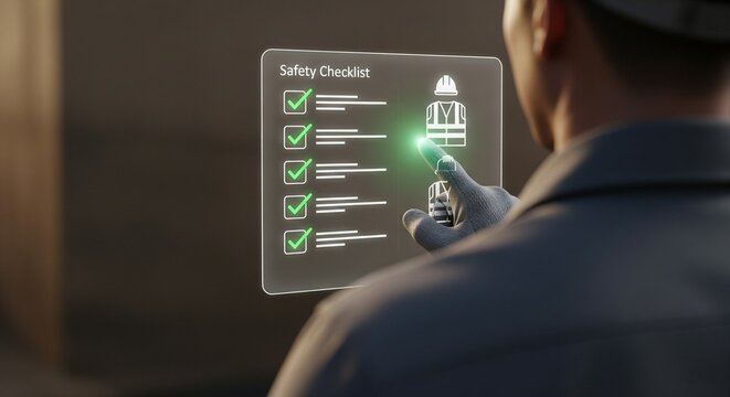 Construction Worker Interacting with Futuristic Digital Safety Checklist UI