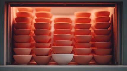 Stacked terracotta bowls in a kiln one white bowl stands out Pottery manufacturing process