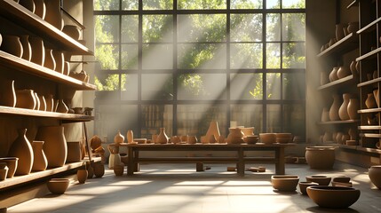 Sunlit Pottery Studio Workshop Artisan Clay Vases and Bowls on Shelves
