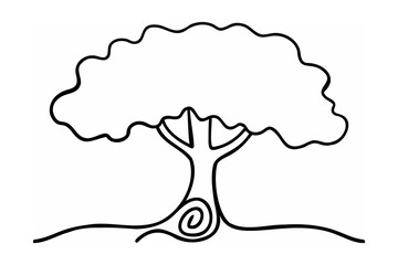 Stylized tree with swirling roots black and white outline