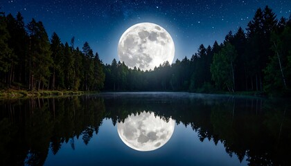 Full moon over a lake in a forest at night