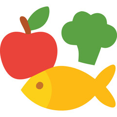 Colorful, stylized illustration of healthy food choices: apple, broccoli, and fish.