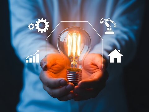 Glowing filament bulb held in hands with technology icons light bulb innovation