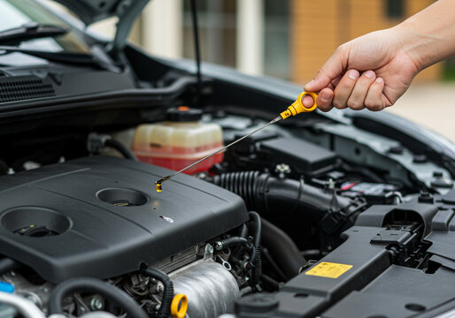 Checking the oil level in a car engine with a yellow dipstick held by a person in daylight outside