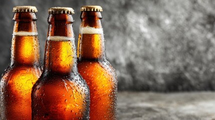 Three cold bottles of beer sit on a textured surface, glistening with droplets from condensation. The rustic background creates a cozy atmosphere for an evening gathering.