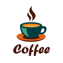 Flat-style PNG illustration of a steaming cup of coffee on a saucer, featuring bold 