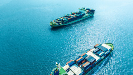 Aerial view of the freight shipping transport system cargo ship container. international...