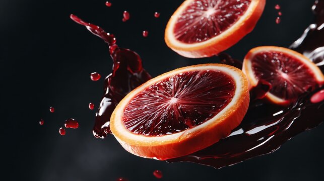 Naklejki floating red orange slices in splash of juice, surreal food concept art