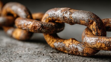 Fototapeta premium Close-up view showcasing a rusty metal chain with weathered links lying on a rough surface. The details emphasize the texture and the effects of corrosion over time.