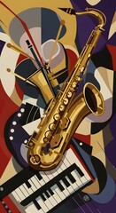 digital art, spirited and animated representation of a jazz big band, formed exclusively from geometric shapes. bright colors, musical instruments, energy, jazz cubist style