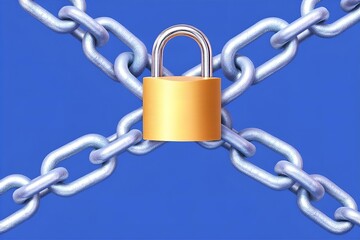 Padlock and Chains Security Concept: Golden Padlock Securing Silver Chains on Blue Background - Data Protection, Cybersecurity Image