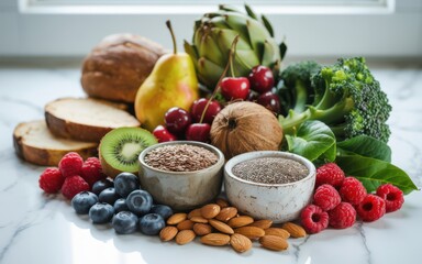 Healthy arrangement of fruits, vegetables, and seeds on marble with bowls of flaxseed and chia surrounded by raspberries, almonds, broccoli, and bread for clean lifestyle
