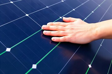 Hand Touching Blue Solar Panel: Renewable Energy, Clean Power, Sustainable Technology, Eco-Friendly, Close-Up View, Innovation, Green Energy Solution