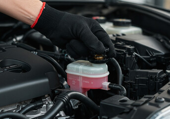 Obraz premium A gloved hand opening the brake fluid reservoir cap in a car engine compartment close up view