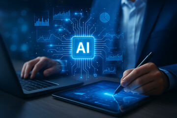 Artificial intelligence interface on tablet and laptop with data analytics and futuristic digital charts in modern business technology environment