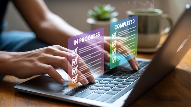 Person using laptop to manage tasks with in progress and completed checklists