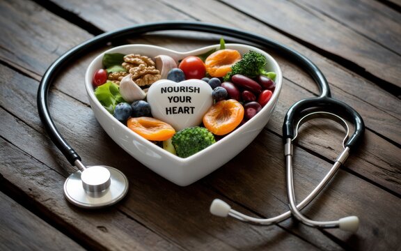 Heart-shaped bowl of healthy ingredients including legumes, garlic, vegetables, and berries with stethoscope on wood table for nutrition, heart wellness, and health visuals