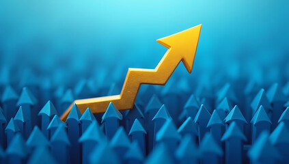 3d, abstract growth chart, arrow pointing up, blue and yellow color palette, crowd of identical shapes, digital art, dynamic composition, futuristic, glowing, illustration, layered, minimalist, 4K