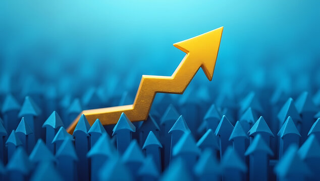 3d, abstract growth chart, arrow pointing up, blue and yellow color palette, crowd of identical shapes, digital art, dynamic composition, futuristic, glowing, illustration, layered, minimalist, 4K