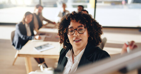 Office, business woman and presentation with writing for people, coaching or proposal meeting. Whiteboard, clients and startup manager for strategy, workshop or creative agency advice or training