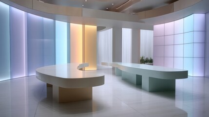 Iridescent gradient wall treatments curved pastel desks ambient side lighting translucent wall screens photorealistic DOF with soft shadows