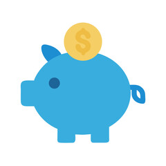 Blue piggy bank with golden coin showing savings concept