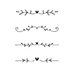 Decorative simple divider. Text dividers retro minimal line separators,  Vector isolated geometric wedding card heart separator elements set. Text dividers. . Hand drawn vector illustration. 
