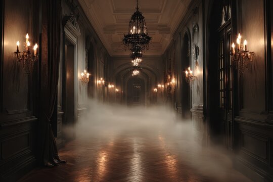 Mysterious hallway of an old haunted mansion with dim lighting and fog - Powered by Adobe