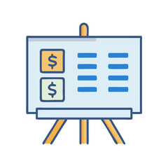 Financial presentation whiteboard with dollar signs and chart columns