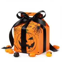 Festive orange Halloween gift box with jack-o'-lantern print, black ribbon, fake spider, and candy, perfect for spooky celebrations.