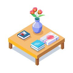 Isometric Coffee Table with Flowers and Books