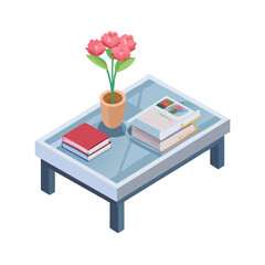 Isometric Coffee Table with Flowers and Books