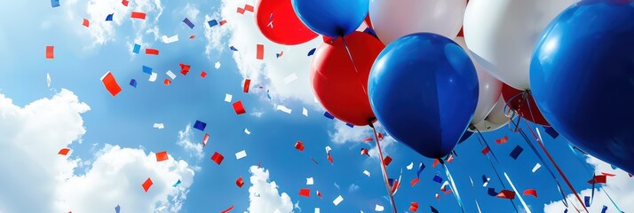 Vibrant bastille day celebration with red, white, and blue balloons against blue sky. Horizontal banner. Copy space. Free space for text. Balloons in colors of flag of flag of France