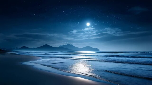 Moonlit Serenity: Tranquil Beach Scene with Gentle Waves Under a Starry Night Sky