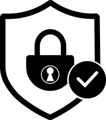 Shield with lock and checkmark icon vector for verified privacy, secure access, and protection