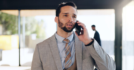 Phone call, lobby and business man in office for discussion, online conversation and networking. Corporate, professional and person talking on smartphone for connection, contact and communication