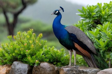 Fototapeta premium Vibrant Peacock Standing on a Stone Wall
