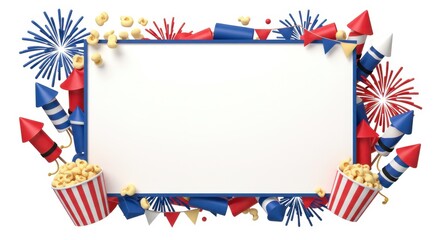 Obraz premium Colorful festive illustration with fireworks and popcorn creating a frame for greeting card 
