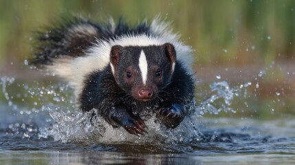 Fototapeta premium Skunk in action black and white mammal running through water